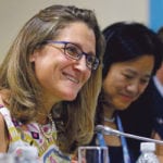 Canada’s Foreign Minister Chrystia Freeland attends a bilateral meeting with China’s Foreign Minister Wang Yi on the sidelines of the ASEAN Foreign Ministers’ Meeting in Singapore, last month. | REUTERS/Feline Lim photo