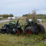 The driver of a Pibroch Hutterite Colony tractor reportedly suffered only a broken arm after the machine he was operating was involved in a collision with a semi-tractor-trailer carrying propane Tuesday evening near Westlock, Alta. | Les Dunford photo