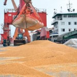 Imported soybeans are transported from a cargo ship at a port in Nantong, Jiangsu province, China in this file photo.  |   Reuters photo
