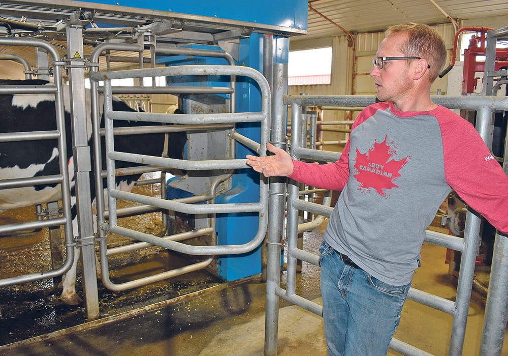 Eric VanderVeen shows one of the new robotic milkers that his family recently added to their dairy farm. Despite the investment, his father, Klaas, says the future of their dairy farm is less secure now that the U.S.-Mexico-Canada Agreement has been signed.  |  Barb Glen photo