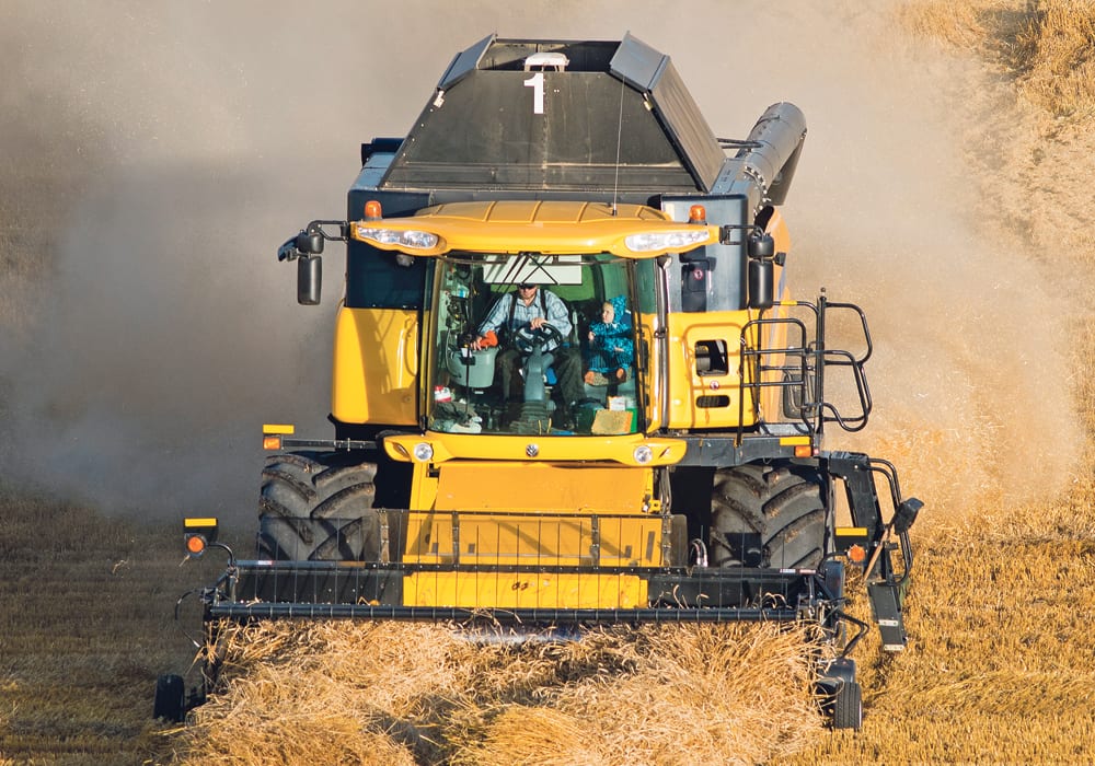 Warmer temperatures allowed farmers across the West to return to their harvest last week, including this combine and its young passenger working a wheat field with three other combines and three swathers on the MacMillan Colony near Cayley, Alta., Oct. 15.  |  Mike Sturk photo