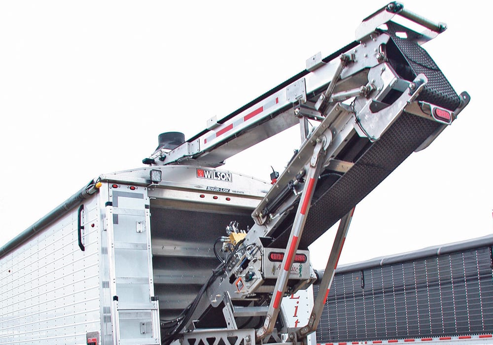 The upgraded Agrilite conveyor unloads 4,000 pounds per minute and has a side swing of 10 feet both left and right.  |  Ron Lyseng photo