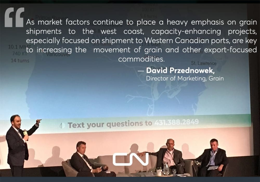 David Przednowek of CN speaks during a panel discussion entitled "Why does grain flow this way?" at Grain World in Winnipeg, Man. on Nov. 14. | Twitter/@CNRailway photo