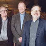 Former and current chief executive officers of the Prairie Swine Centre attended the recent Saskatchewan Pork Industry Symposium: John Patience, left, the first CEO from 1991 to 2008; Lee Whittington, who stepped down in May; and his replacement, Murray Pettitt, who began in June. | William DeKay photo