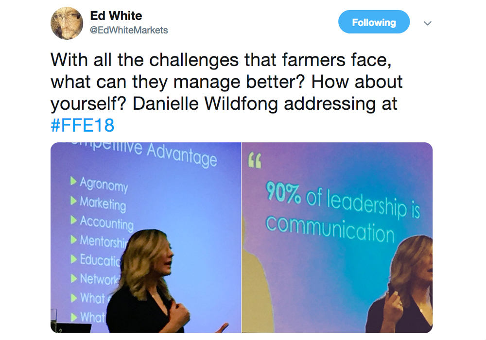In a conference filled with progressive farmers looking for the newest information on machinery innovations, digital developments and management insights, Danielle Wildfong was pleasantly surprised to find a room full of farmers awaiting her. | Twitter/@EdWhiteMarkets photo