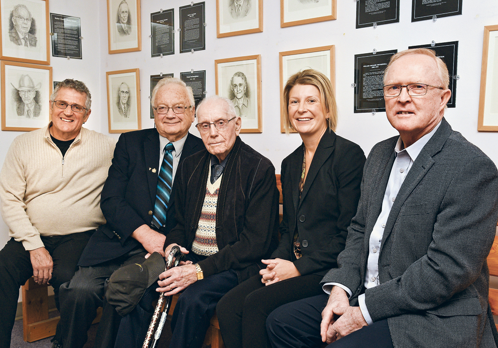 Neil Shantz, left, Arnold Petracek, Clarence Hookenson, Chantelle Donahue and Roger Pederson are among the six inductees who will join the Saskatchewan Agricultural Hall of Fame this year. Daniel Prefontaine was unable to attend the Jan. 10 announcement.  |  William DeKay photo