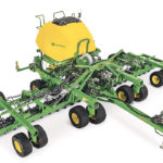 Deere’s new 500 air drill meets the market where planters and big air seeders come together. Row spacing of as narrow as 7.5 or 10 inches can be doubled to 15 or 20 with a single lift. | John Deere photo