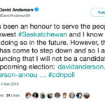 Southwestern Saskatchewan Conservative MP David Anderson has announced he will not seek re-election this fall. | Screencap via Twitter/@DavidAndersonSK