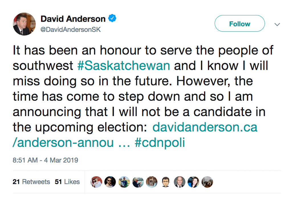 Southwestern Saskatchewan Conservative MP David Anderson has announced he will not seek re-election this fall. | Screencap via Twitter/@DavidAndersonSK