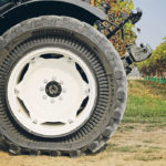 The Trelleborg Mitas PneuTrac employs unique sidewalls that collapse toward the inside of the tire to create a much wider and longer footprint. The elongation effect mimics the shape of a rubber track. | Mitas photo