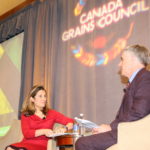 Foreign Minister Chrystia Freeland speaking with Canola Council of Canada President Jim Everson.