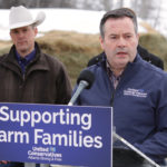 UCP leader Jason Kenney speaking on a farm near Rimbey about the party's agrculture platform. The opposing United Conservative Party and governing NDP are sparring over the UCP's plans to kill the new safety rules, a policy that aims to protect farm workers should accidents happen. | Jeremy Simes photo