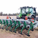This six-metre, three-point hitch Weed Chipper prototype has shanks that are lifted individually by hydraulic cylinders, enabling operators to cultivate only areas with weeds. | Michael Walsh photo