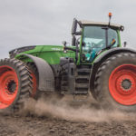 As the tractor turns in the headland, note that the front tires are driving and kicking up dust but the rear tires are tagging along for the ride. Because the VarioDrive does not have a fixed torque ratio for the front axle, it can actively pull the tractor into turns, creating the so-called “pull-in turn” effect. It becomes a front wheel drive for a few moments. This reduces the turning radius in the field by up to 10 percent. | Agco photo