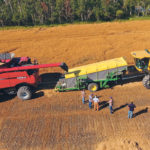 The PAMI combine calibration system collects 30 feet of representative crop on the green/yellow catch trailer. The catch trailer has two conveyor belts feeding into the Challenger processor. Material from the Case combine separator goes to the top straw belt. Material from the cleaning shoe goes to the lower chaff belt. The processor handles them separately in order to collect precise data. | PAMI photo