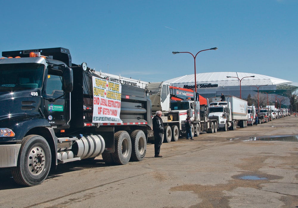 As many as 800 vehicles representing all types of industries gathered at Regina’s Evraz Place April 4 to protest the federal carbon tax.  |  Karen Briere photo