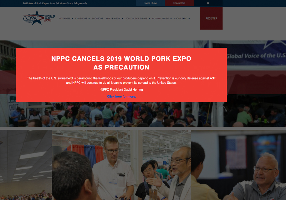 World Pork Expo, held each June in Des Moines, hosts about 20,000 visitors over three days, including individuals and exhibitors from ASF positive regions. | Screencap via worldpork.org