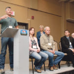 A panel of producers and industry representatives told the 2019 Livestock Care Conference that adoption of the new antibiotic rules are going smoothly. Panelists included Adam Ovinge, left, Cassandra Kirkpatrick, Greg Bowie, Tom Inglis and Darrell Dalton.  |  Jeremy Simes photo
