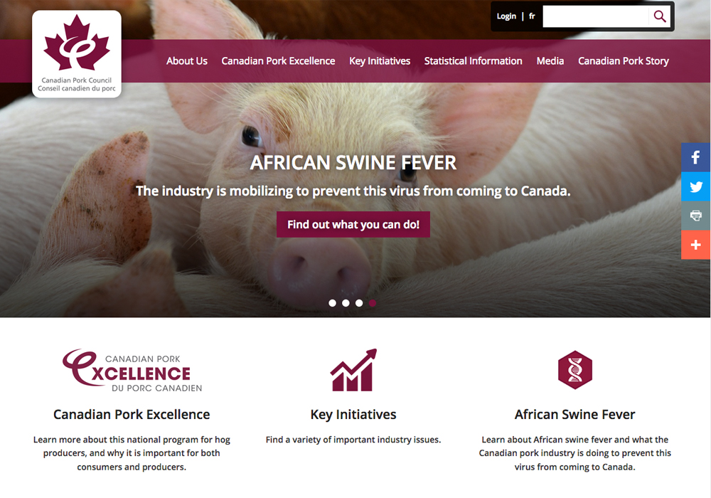 The Canadian Pork Council says it spends 60 percent of its time dealing with African swine fever. | Screencap via cpc-ccp.com