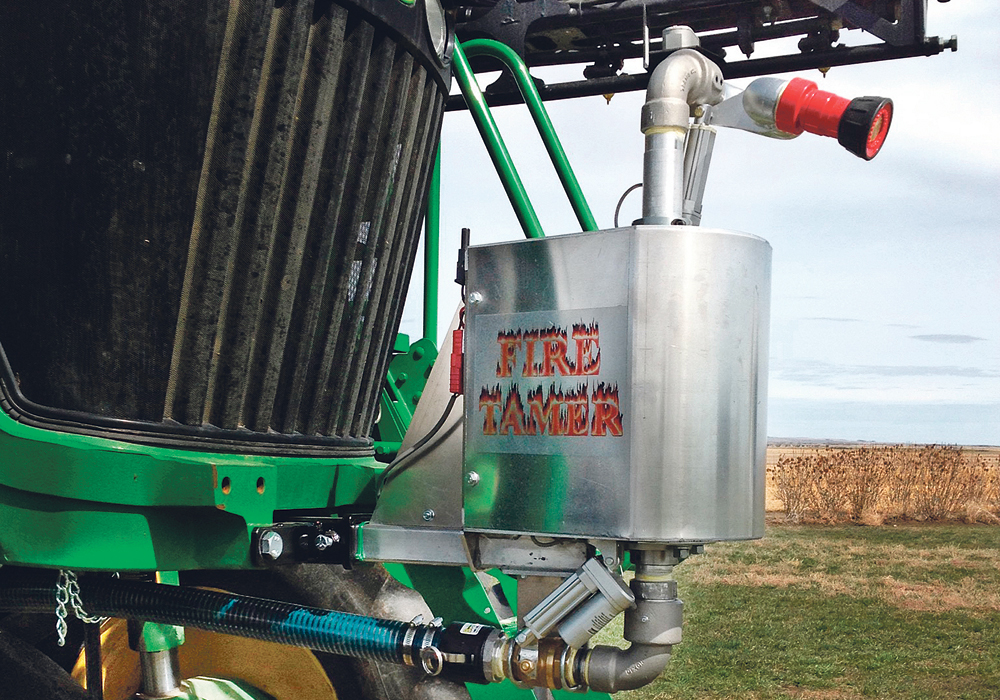 The Fire Tamer mounts to the front of most high clearance, self-propelled sprayers, giving them the capacity to be single operator, off-road fire control machines. The water cannon has 180-degree horizontal movement and 70 degrees of vertical, via remote control.  |  Clark Oberholtzer photo