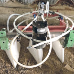 This shrouded nozzle system allows glyphosate to be applied between crop rows without putting chemical on the crop. In its first trials last year it was used to spray glyphosate in lentil plots seeded on a 10-inch row spacing. If the technology is proven to be successful, it may be key to slowing down the expansion of herbicide resistance. | Chris Willenborg photo