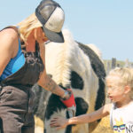 Sara Rissling and her daughter, Lily, offer some affection to the family farm’s pet cow. The Holstein is often the mother to the farm’s orphaned calves. | Christalee Froese photo