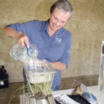 Rhizosphere ecologist Jill Clapperton demonstrates the water-holding capacity of grassland. The water runs through slowly and almost clear without silt or debris. | Barbara Duckworth photo