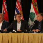 Saskatchewan premier Scott Moe chaired the annual meeting of Canada's first ministers in Saskatoon. Here he speaks to reporters at the conclusion of the meeting, flanked by Ontario's Doug Ford and Quebec's Francois Legault. | Karen Briere photo