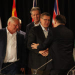 At right, Quebec premier Francois Legault shakes hands with Saskatchewan premier Scott Moe at the conclusion of the Council of the Federation premiers' meeting in Saskatoon as Ontario's Doug Ford and Manitoba's Jim Pallister look on. | KAREN BRIERE PHOTO