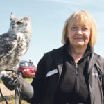 Medicine River Wildlife Centre executive director Carol Kelly hangs out with 16-year-old Otis, who lives at the centre and is used for wildlife education programs. | Barbara Duckworth photo