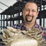 Brad Wandzura, co-owner of Red Fox Farms Fungi, holds one of the large gourmet mushrooms grown on his farm near Strathmore, Alta. | Barb Glen photo