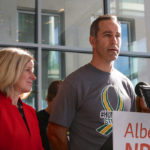 NDP Official Opposition Leader stands with Chris Joseph, who lost his son Jaxon in the Humboldt Broncos bus crash tragedy. | Jeremy Simes photo
