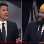 One of the best one-liners in the televised English language debate was NDP leader Jagmeet Singh referring to Justin Trudeau and Andrew Scheer as Mr. Delay and Mr. Deny when it comes to climate change. | Screencap via YouTube/Canadian Debate Production Partnership