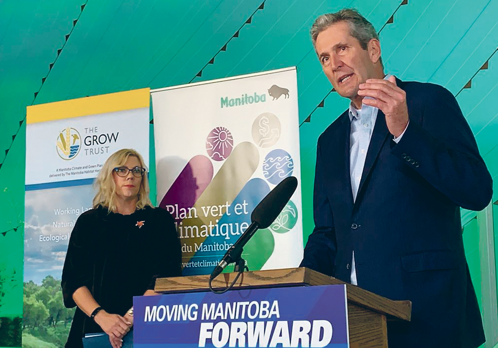 Manitoba Premier Brian Pallister, right, and Environment Minister Rochelle Squires announce funding for the first projects under the Growing Outcomes in Watersheds program.  |  Ed White photo