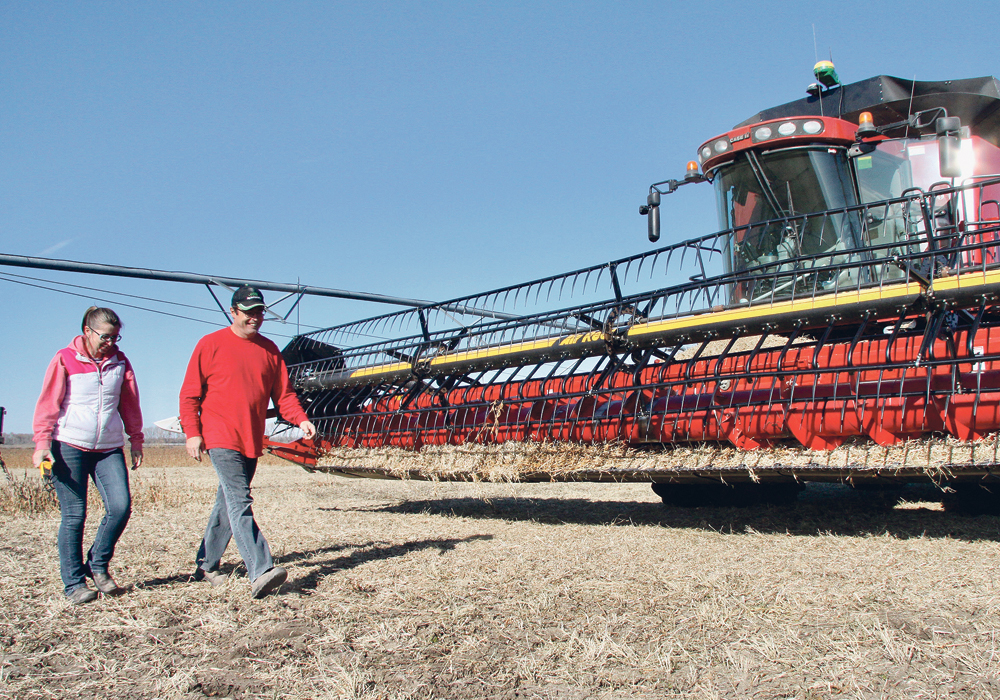 Trevor and Wendy Daymond, who farm near Cypress River, Man., are trying to maintain a positive attitude, even though a portion of their crop may not be harvested this year. Wet snow in October flattened about 1,200 acres of their wheat, and 160 acres of their potatoes may remain in the ground because of frost and moisture damage.  |  Robert Arnason photo