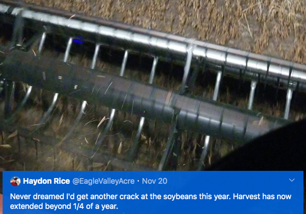 With 93 percent of the crop combined, farmers were optimistic that they would still be able to finish, although some of the crop will likely be left out until the spring. | Twitter/@EagleValleyAcre photo