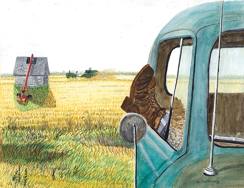 Getting enough sleep is a key element of good health. The author’s father, as captured in this painting, would take a nap in the truck after lunch in the field during harvest.  |  Sheri Hathaway photo