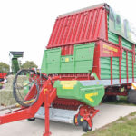The new Strautmann Ambion self-loading pickup forage wagon holds 50 cubic metres of hay and employs a swing tine intake rather than a rotor intake. It’s pulled by a 100 horsepower tractor and is a key component in the Haytec system. | Ron Lyseng photos