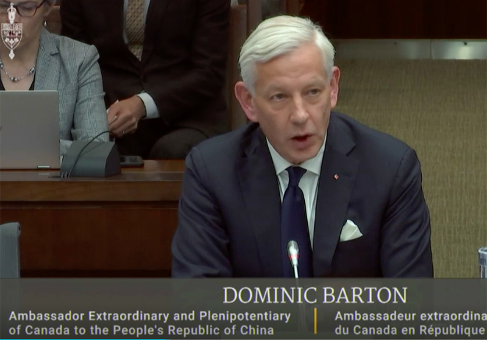 "We're angry, we're very angry because of our people that have been taken. China is very angry as well, furious, we're both furious," Dominic Barton told a special committee of legislators looking into ties with Beijing. | Screencap via cpac.ca