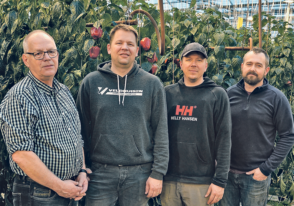 Partners in Doef’s Greenhouses Ltd. include founder Joe Doef, left, Eric Doef, head grower in charge of planning and communication, Paul Doef, labour manager who also does payroll, and Phil Visscher, who handles maintenance, fertigation and accounts payable. They meet regularly and work together to manage issues and make important decisions. | Maria Johnson photo