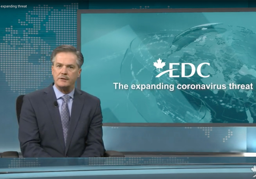 The history of pandemics shows the downturn in economic activity is swift and brutal, but it is quickly followed by a period of recovery with robust export activity, said Export Development Canada chief economist Peter Hall during a coronavirus webinar. | Screencap via EDC.ca
