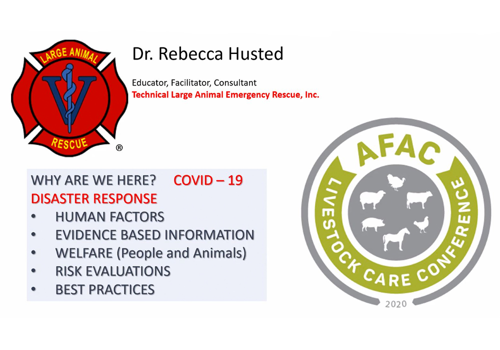 Emergency management specialist Rebecca Gimenez Husted provided a disaster response plan for the livestock sector during a virtual conference sponsored by Alberta Farm Animal Care on March 19. | Twitter/@TLAERRebecca image