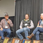 Murray Sange of Veteran, Alta., Justin Dorey of Vermilion, Alta., and Judy Van Haren of Lacombe, Alta., chat during a producer panel at the Bison Producer’s of Alberta meeting. | Mary MacArthur photo