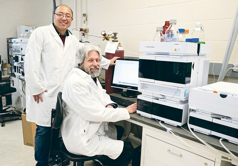 University of Saskatchewan researchers Lipu Wang, left, and Randy Kutcher have developed a new system that detects fusarium-related mycotoxins more quickly and more accurately in cereal grain samples. The new system will allow plant breeders to screen more material at a lower cost.  |   University of Saskatchewan photo 