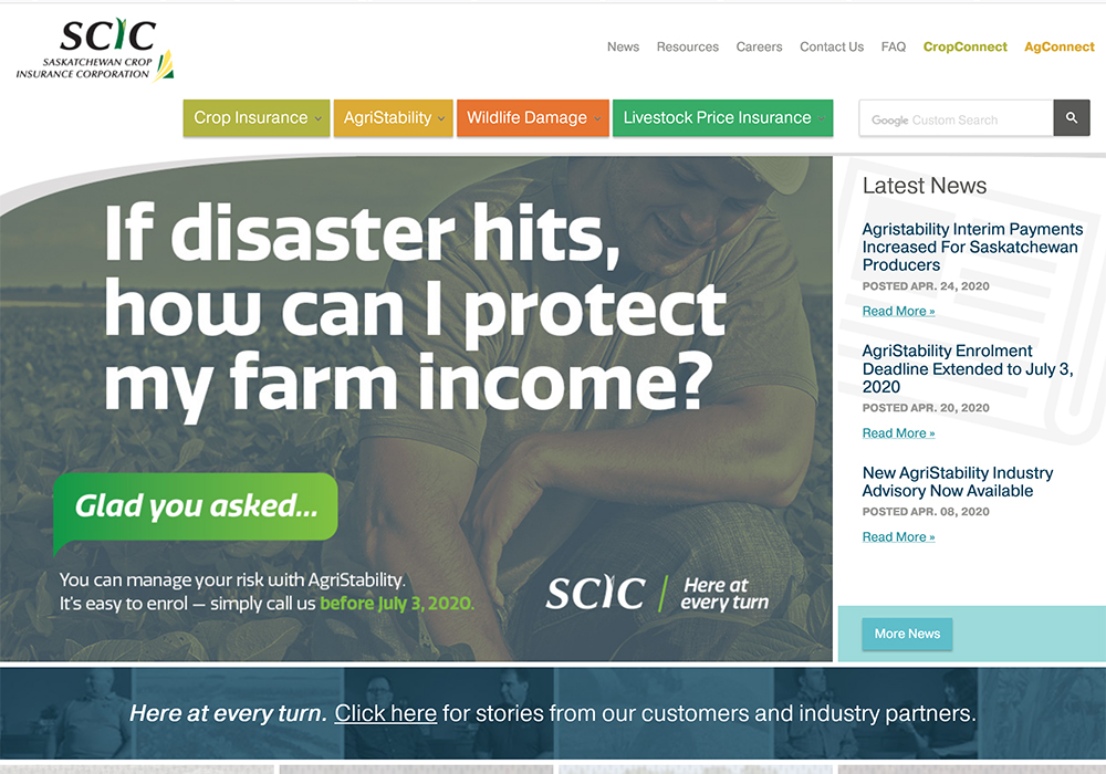 Saskatchewan Crop Insurance Corp., which administers AgriStability, has waived the requirement that participants must have farmed for six months and gone through one production cycle for those who apply for the interim payment. | Screencap via scic.ca