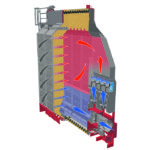 All arrows represent airflow. Blue arrows are cool ambient air. Red arrows represent heated air. Blue arrows show air entering the dryer through the bottom fan. The bottom one-third of the dryer cools the grain. The burner is not being used for the bottom section so the arrow and cut away remain blue, although these dryers can operate in an all-heat mode to heat the lower section if needed. Above the lower cooling section there are two more blue arrows entering the heat section of the dryer. As the air passes over a burner it becomes heated and enters the red section of the dryer. The gray arrows represent exhaust air. Both heated and non-heated air enters the ducts and pass through the grain until they exit through an exhaust duct. The cutaway shows the air moving out of the exhaust ducts. | Wall Grain illustration
