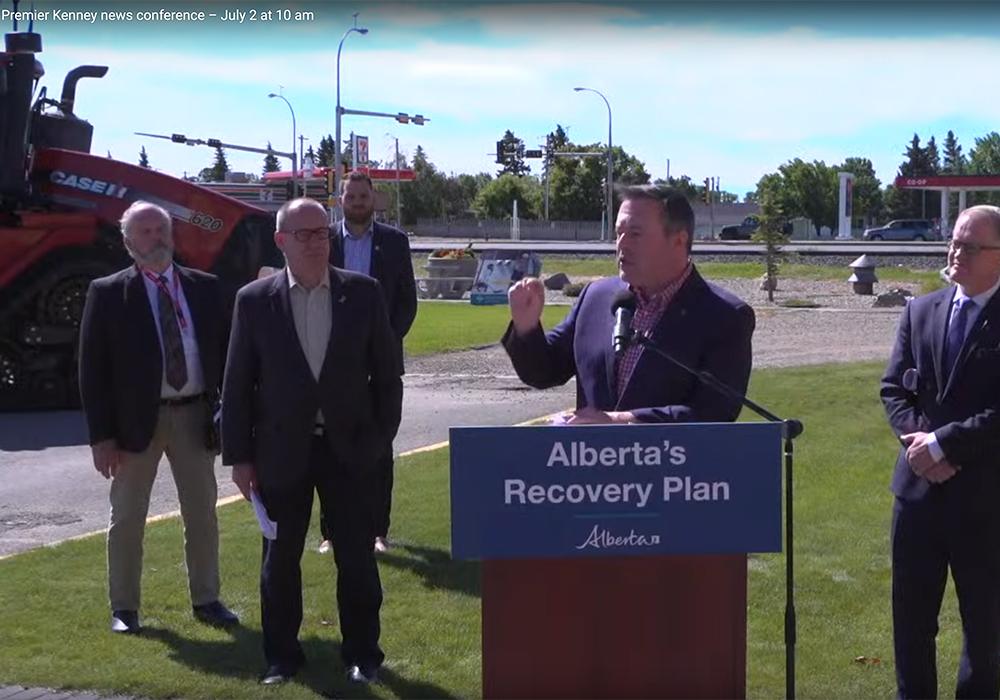 The provincial government today announced funding for the project, which will see 46 kilometres between Taber and Burdett, Alta., made into a twinned highway over a three-year period. The project is part of the province's $10 billion economic recovery plan announced in June. | Screencap via YouTube/Your Alberta