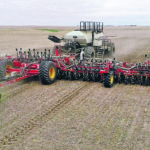 At up to 76 feet wide with up to a 1300 bushel commodity tank, Bourgaults is now offering a monster one-pass planting setup that can be used with either a coulter or hoe style drill, that can also be quickly switched back to use the air carts volumetric metering system. | Bourgault photo
