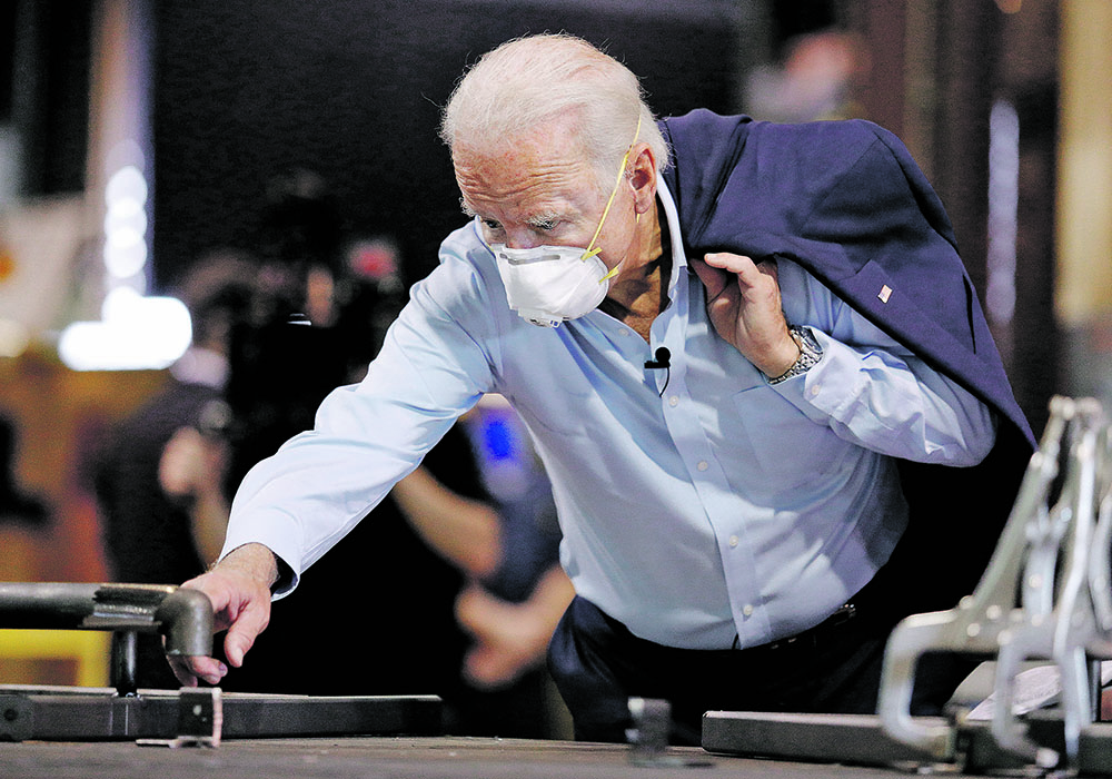 Democratic U.S. presidential candidate Joe Biden visits a metal works plant in Pennsylvania earlier this month. The former vice-president promises to end the tariff war with China and repair trade relations with allies.  |  Reuters/Tom Brenner photo