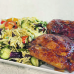 Grilled sticky, spicy fresh turkey thighs with orzo salad, charred veggies and fresh herbs can be roasted in the oven or made with a stovetop grill pan. | Angie Quaale photo